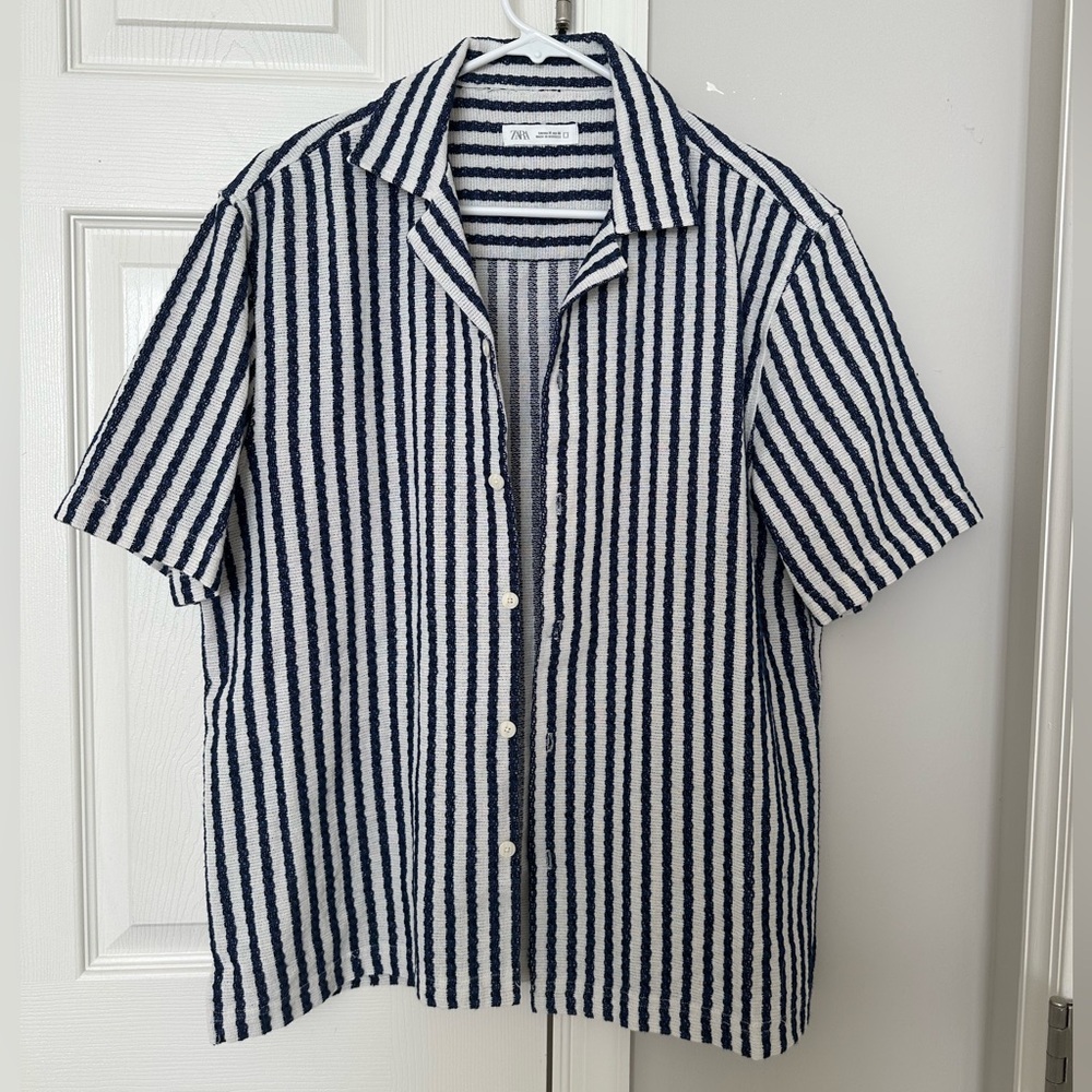 Zara Navy and White Striped Casual Shirt